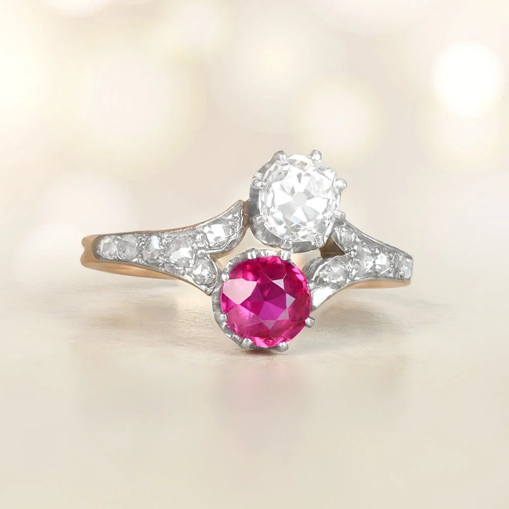 Luxury Jewelry Antique Design Two Stone Round Cut Ruby & White Sapphire Engagement Rings