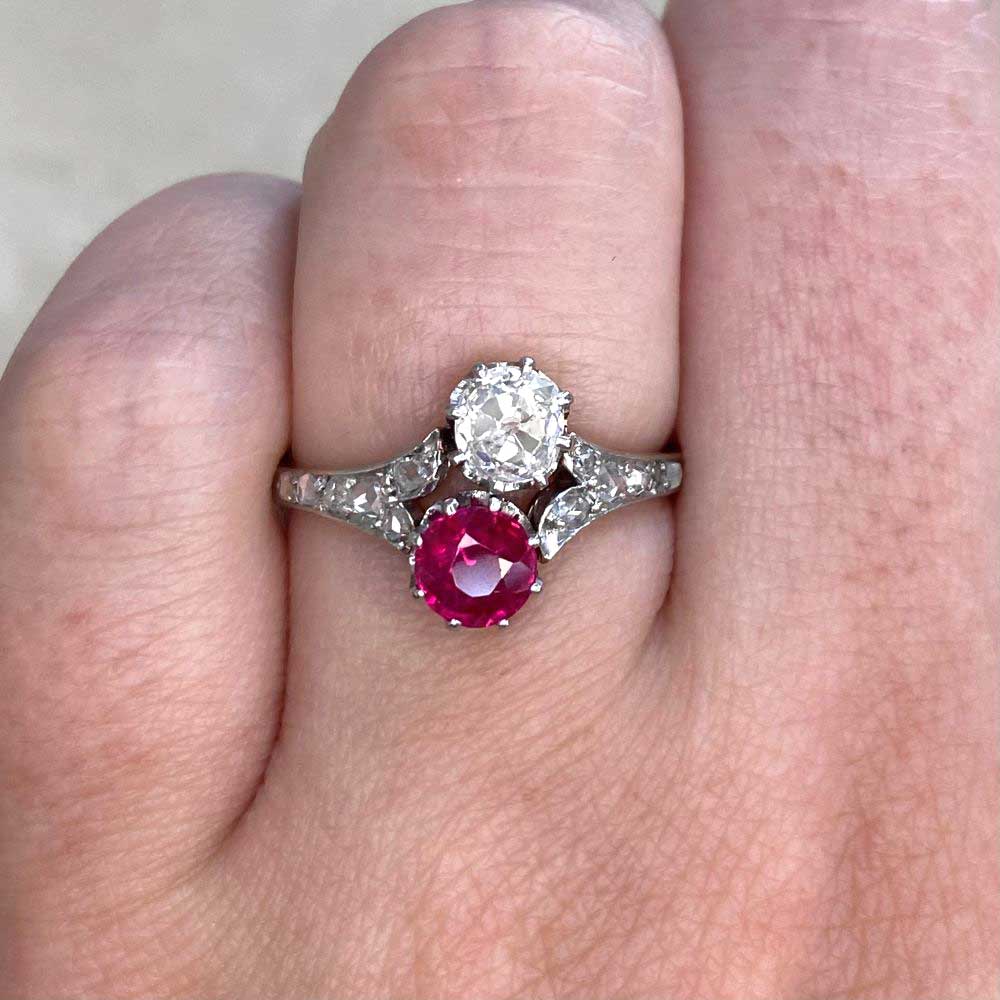Luxury Jewelry Antique Design Two Stone Round Cut Ruby & White Sapphire Engagement Rings