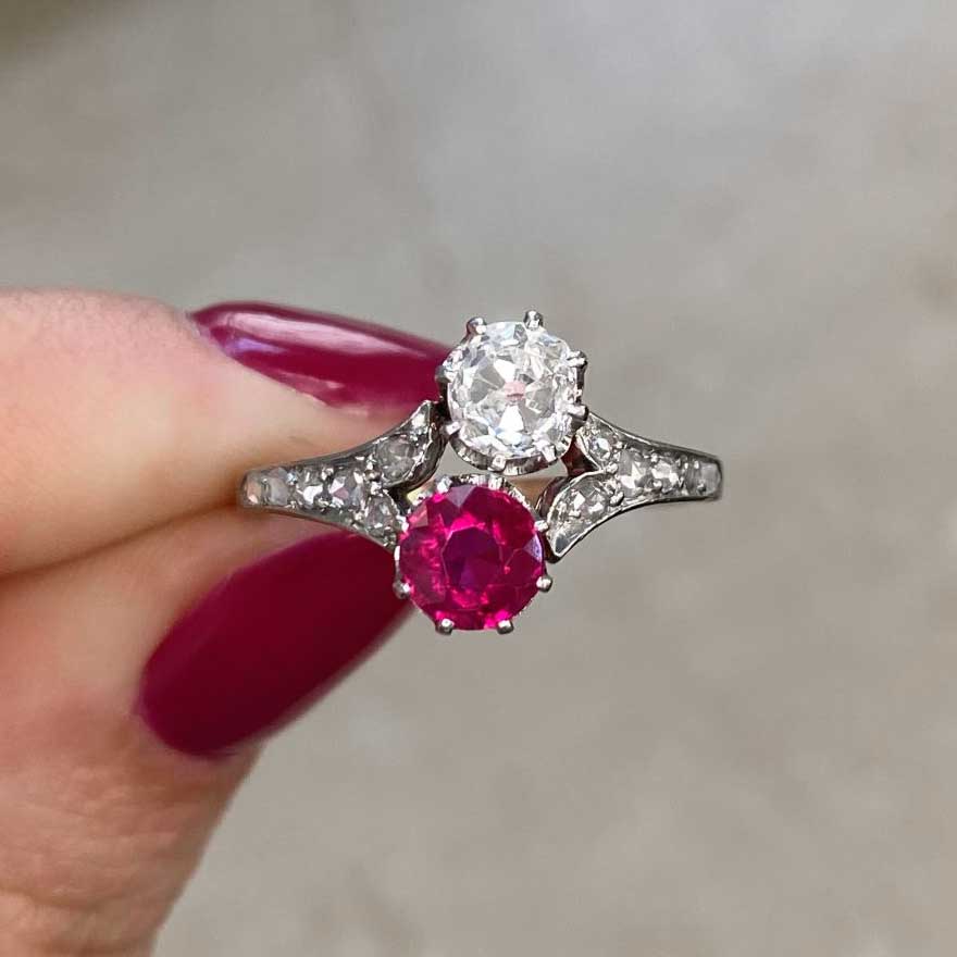 Luxury Jewelry Antique Design Two Stone Round Cut Ruby & White Sapphire Engagement Rings