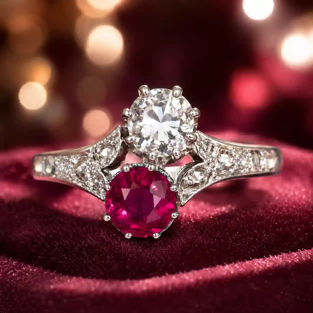 Luxury Jewelry Antique Design Two Stone Round Cut Ruby & White Sapphire Engagement Rings