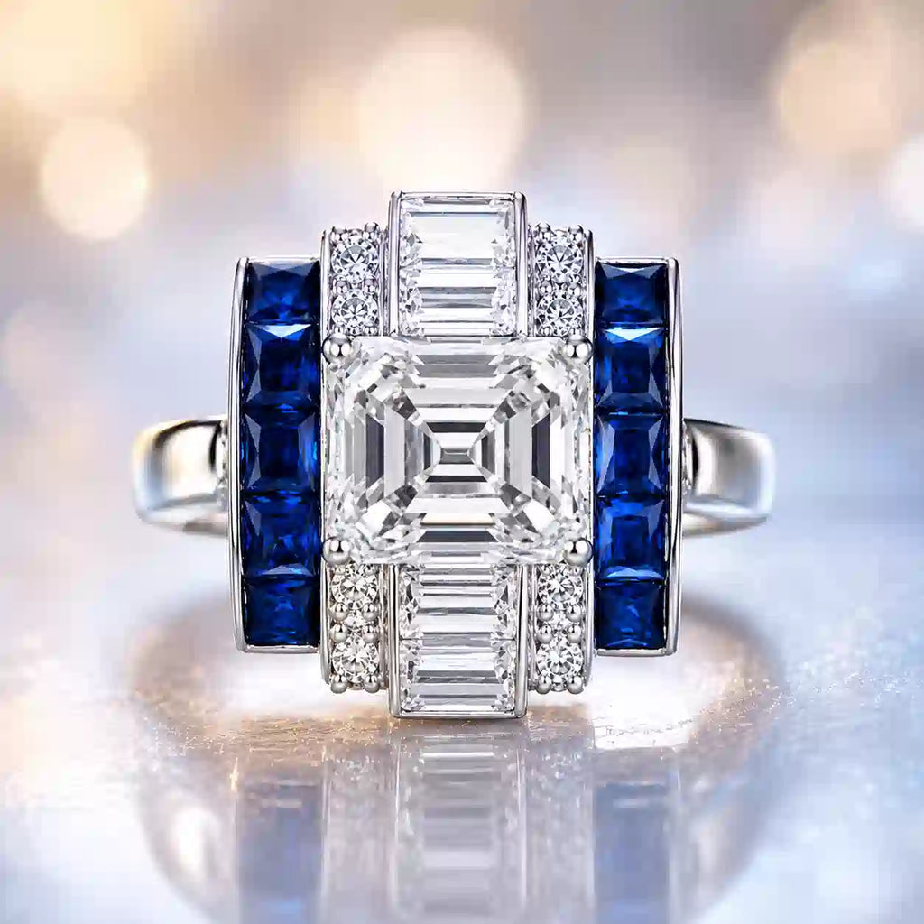 Luxury Jewelry Unique Design Art Deco Emerald Cut White Sapphire Engagement Rings