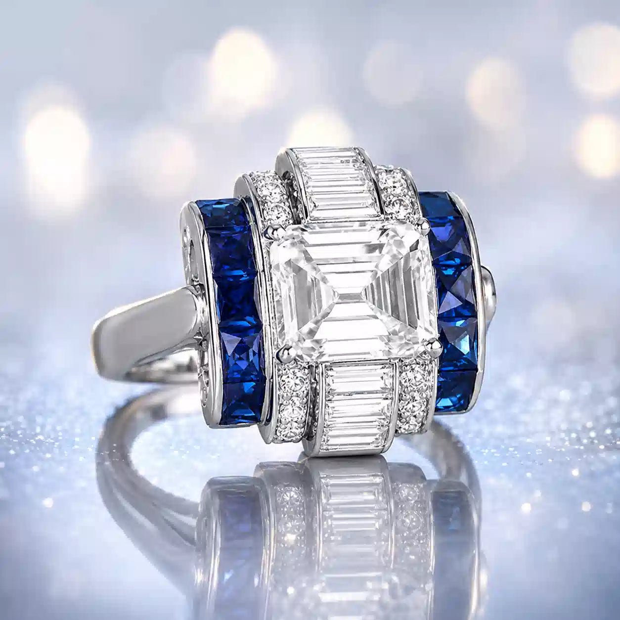 Luxury Jewelry Unique Design Art Deco Emerald Cut White Sapphire Engagement Rings