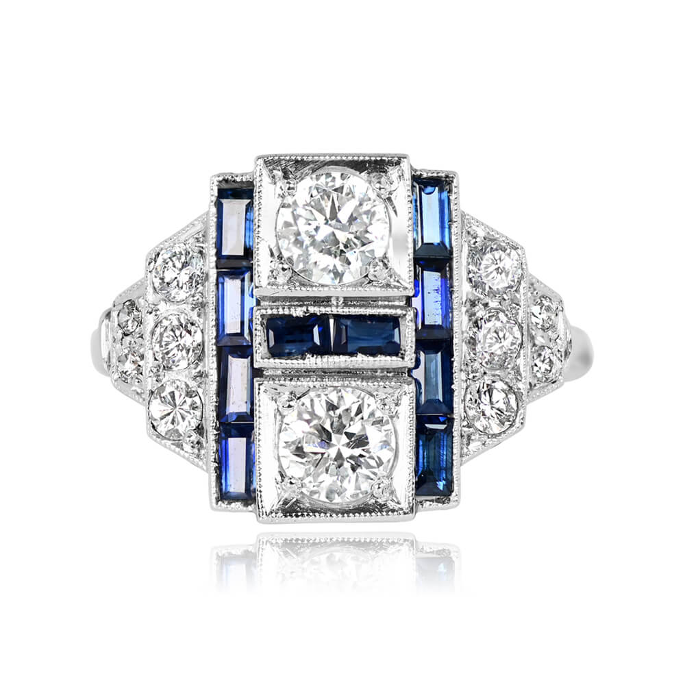 Vintage Art Deco Bezel Round Cut White & Blue Sapphire Engagement Ring