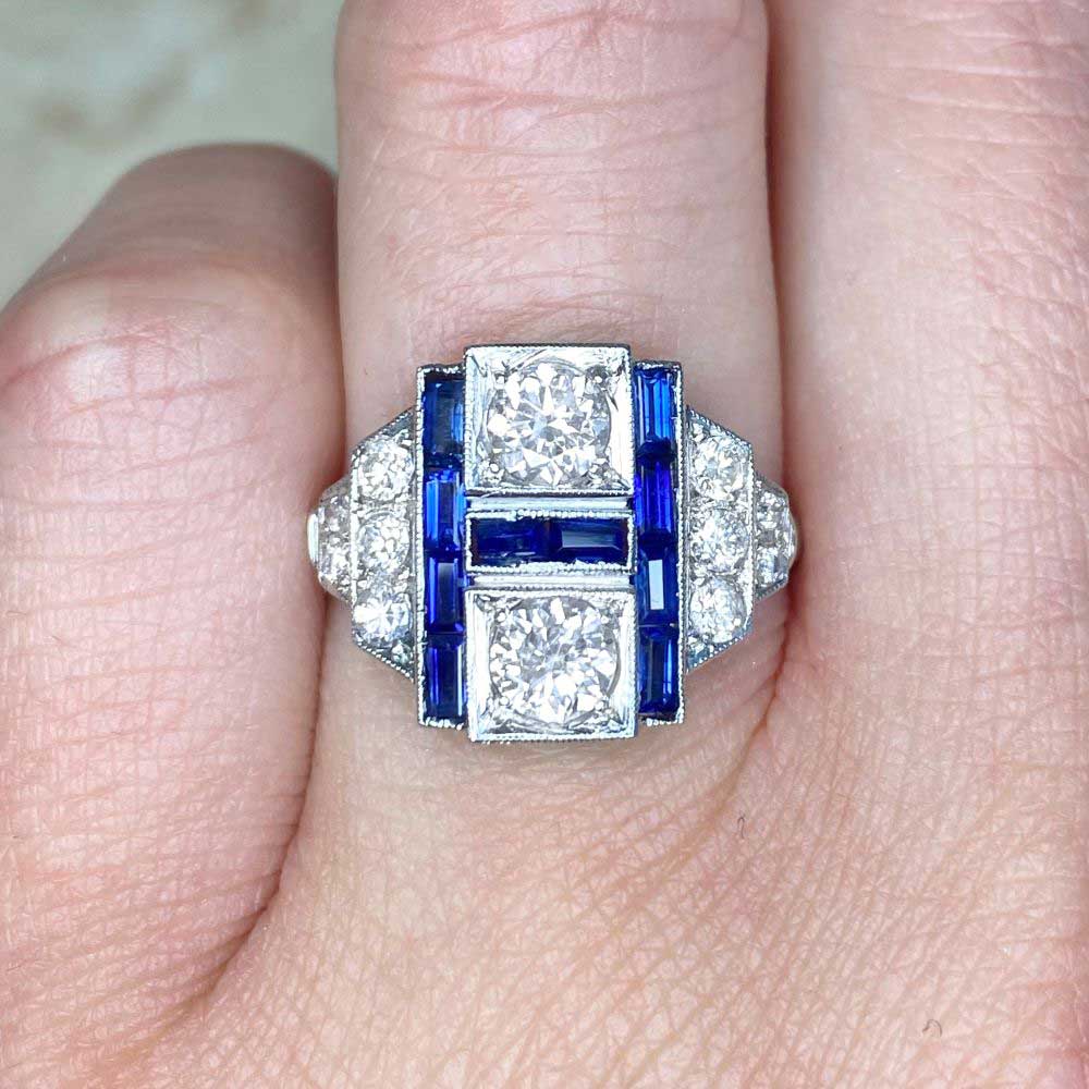 Vintage Art Deco Bezel Round Cut White & Blue Sapphire Engagement Ring