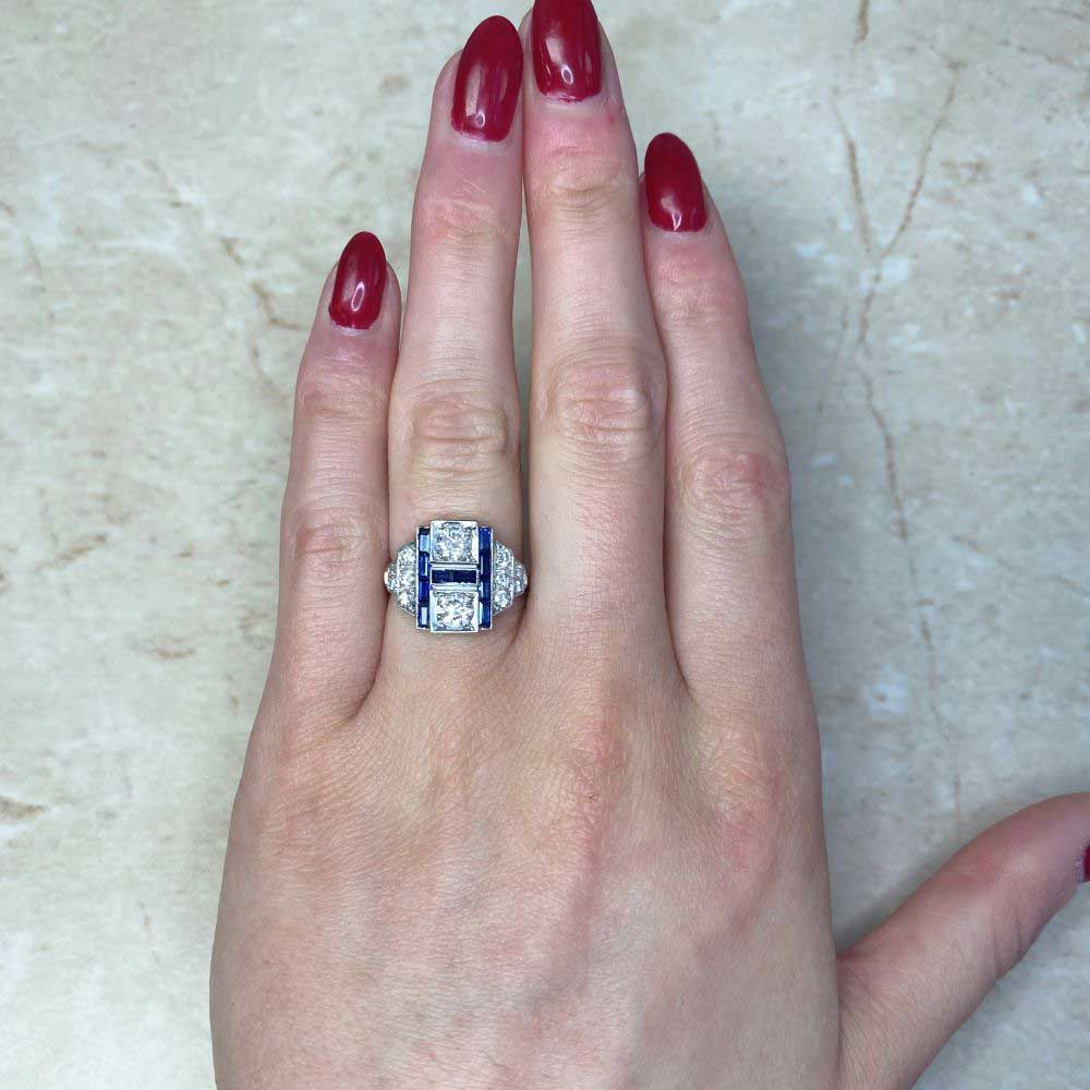 Vintage Art Deco Bezel Round Cut White & Blue Sapphire Engagement Ring