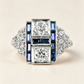 Vintage Art Deco Bezel Round Cut White & Blue Sapphire Engagement Ring