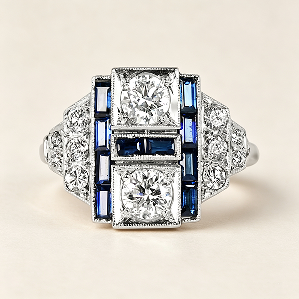 Vintage Art Deco Bezel Round Cut White & Blue Sapphire Engagement Ring