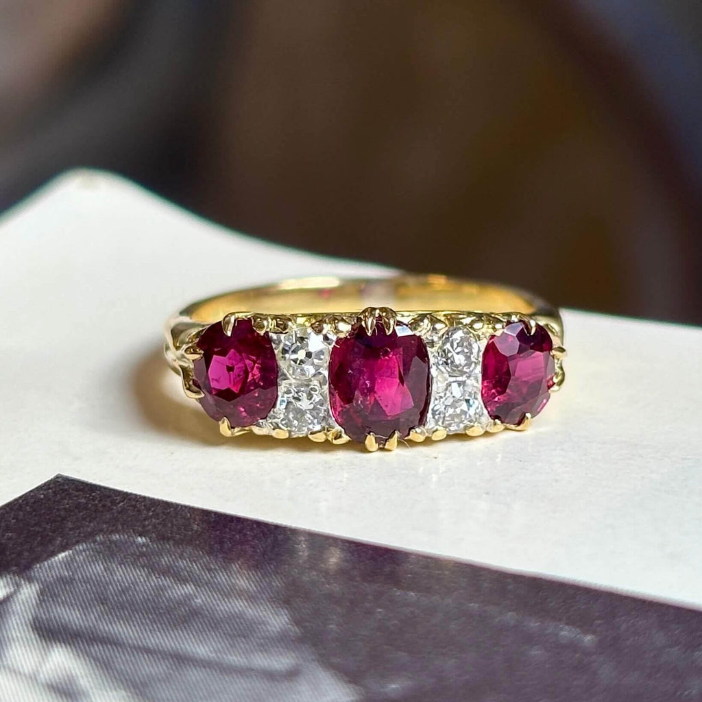 Luxury Jewelry Vintage Design Golden Oval Cut Ruby & White Sapphire Half Eternity Wedding Band For Women