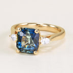Luxury Jewelry Golden Three Stone Cushion Cut Blue & White Sapphire Engagement Rings