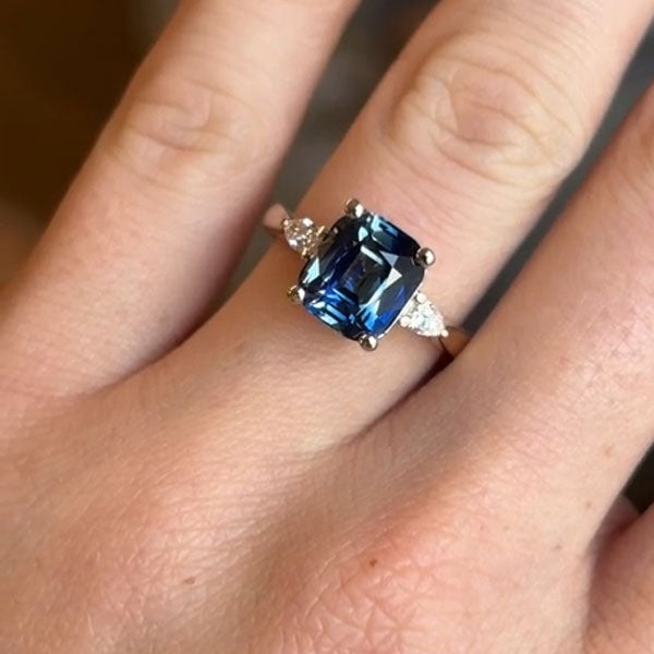 Luxury Jewelry Golden Three Stone Cushion Cut Blue & White Sapphire Engagement Rings
