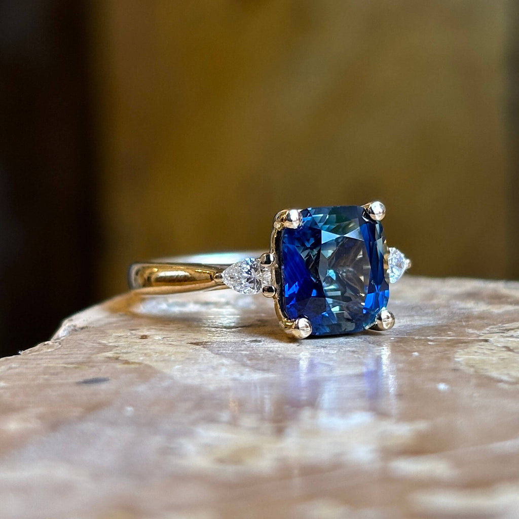 Luxury Jewelry Golden Three Stone Cushion Cut Blue & White Sapphire Engagement Rings
