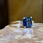 Luxury Jewelry Golden Three Stone Cushion Cut Blue & White Sapphire Engagement Rings