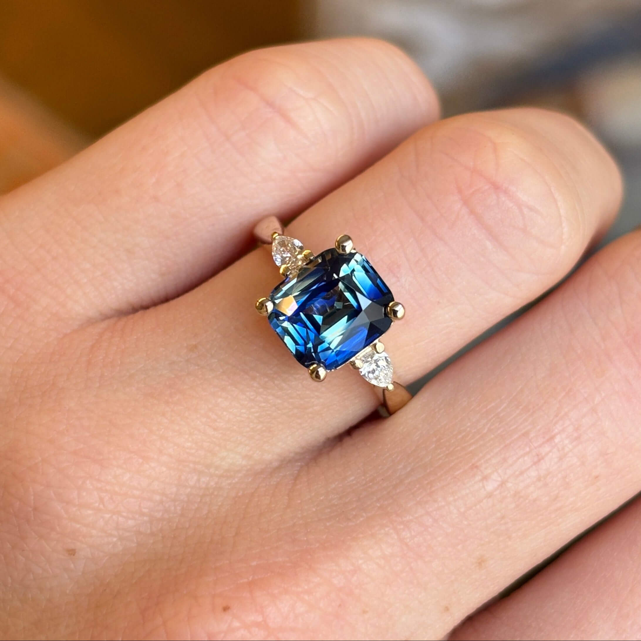 Luxury Jewelry Golden Three Stone Cushion Cut Blue & White Sapphire Engagement Rings