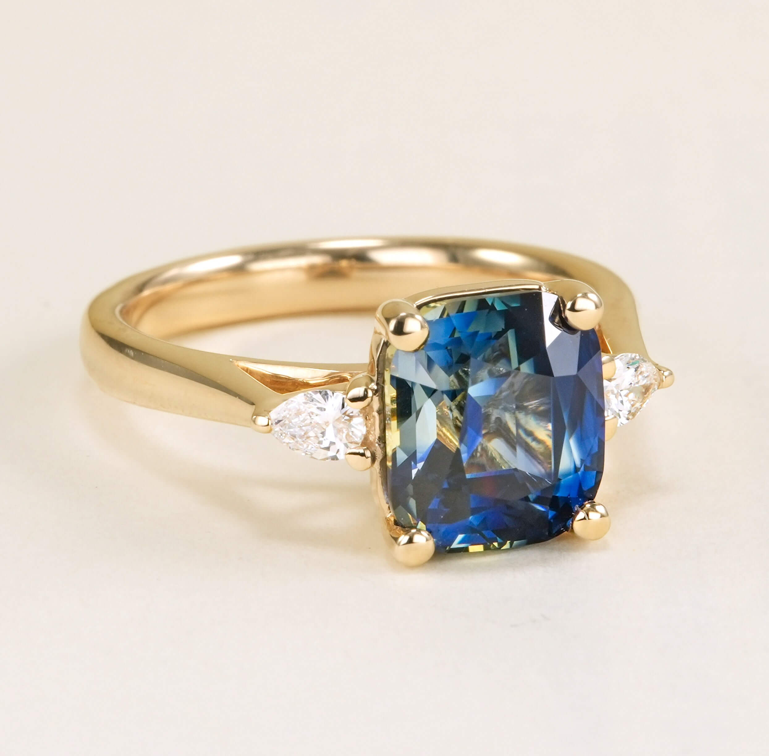 Luxury Jewelry Golden Three Stone Cushion Cut Blue & White Sapphire Engagement Rings