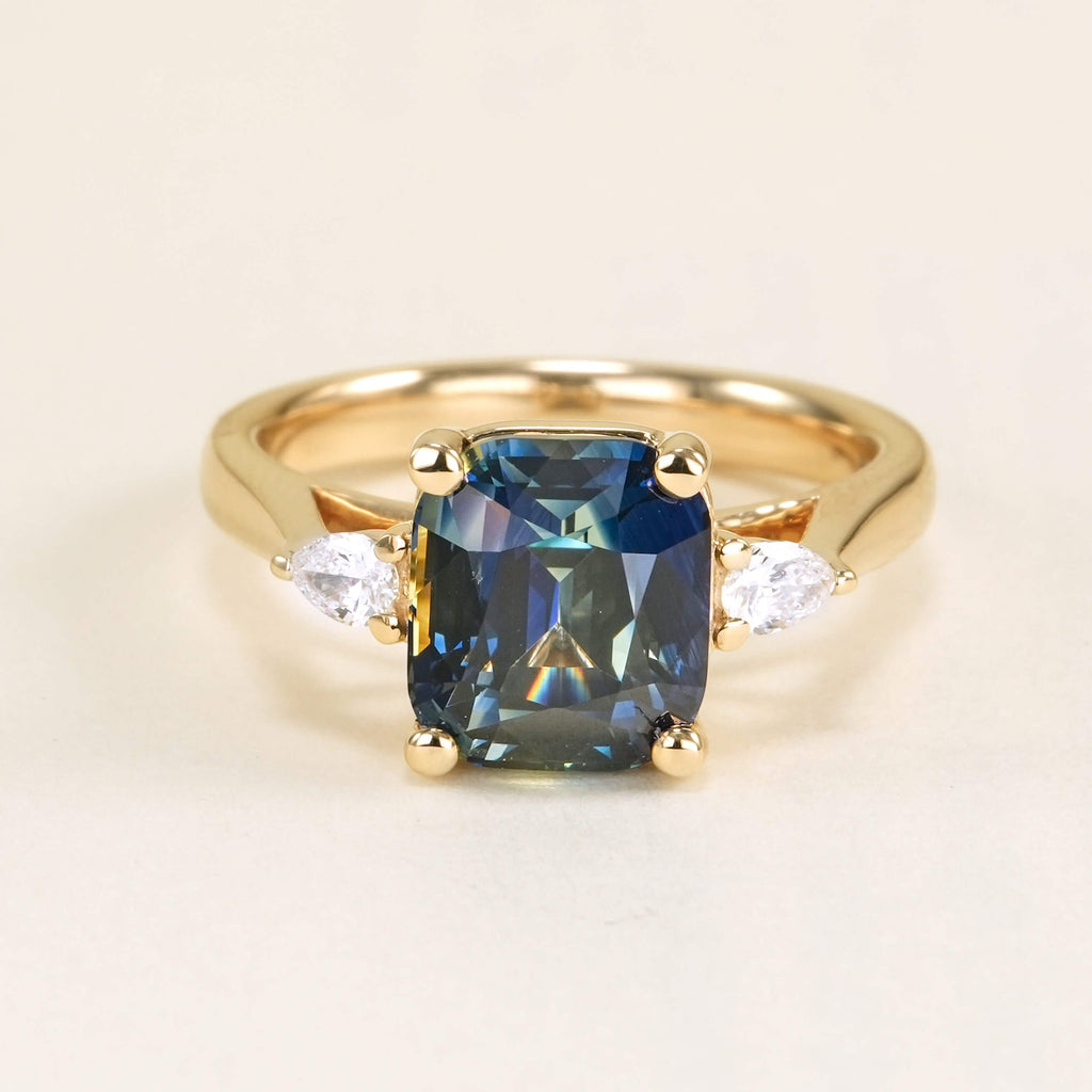 Luxury Jewelry Golden Three Stone Cushion Cut Blue & White Sapphire Engagement Rings