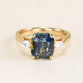 Luxury Jewelry Golden Three Stone Cushion Cut Blue & White Sapphire Engagement Rings