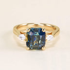 Luxury Jewelry Golden Three Stone Cushion Cut Blue & White Sapphire Engagement Rings