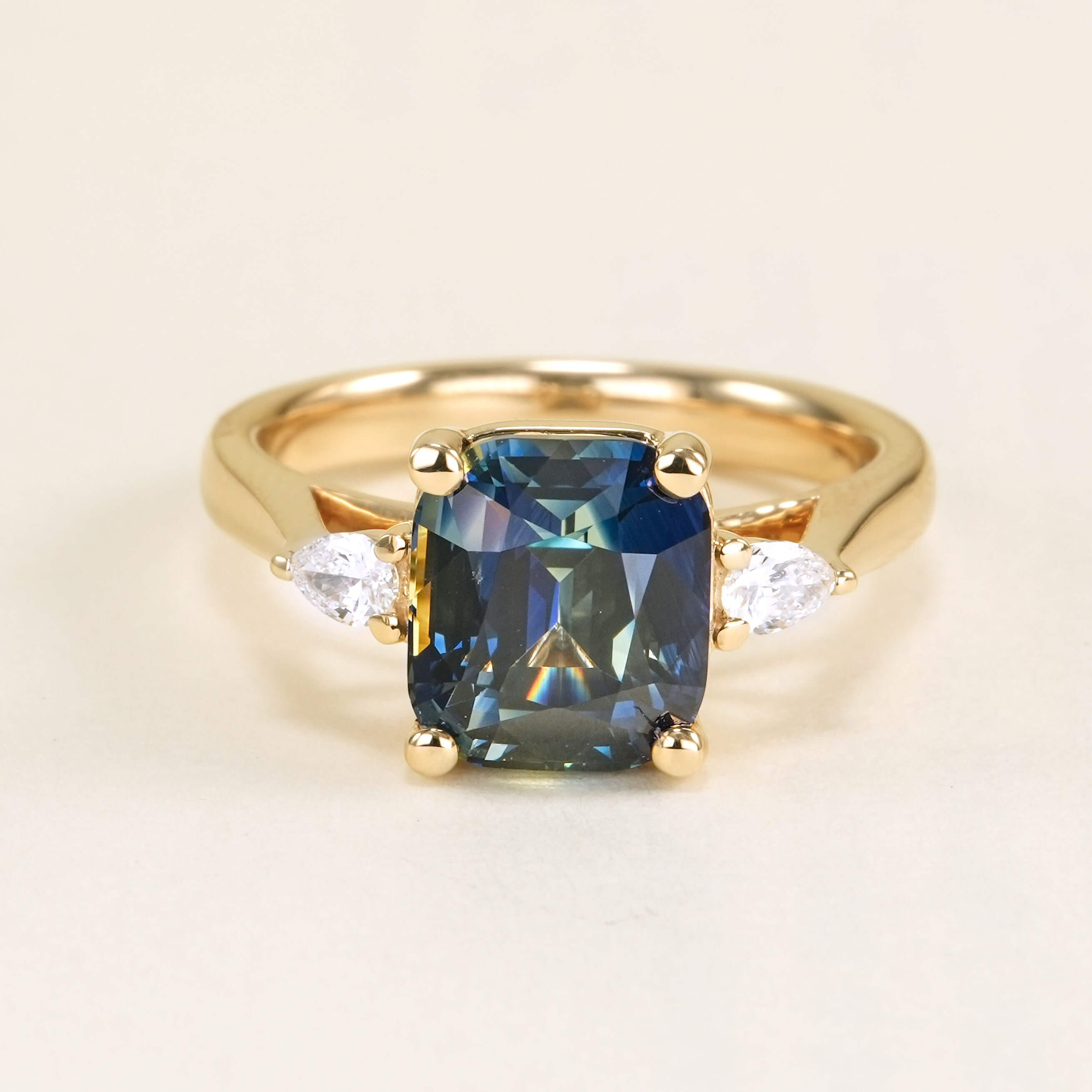 Luxury Jewelry Golden Three Stone Cushion Cut Blue & White Sapphire Engagement Rings