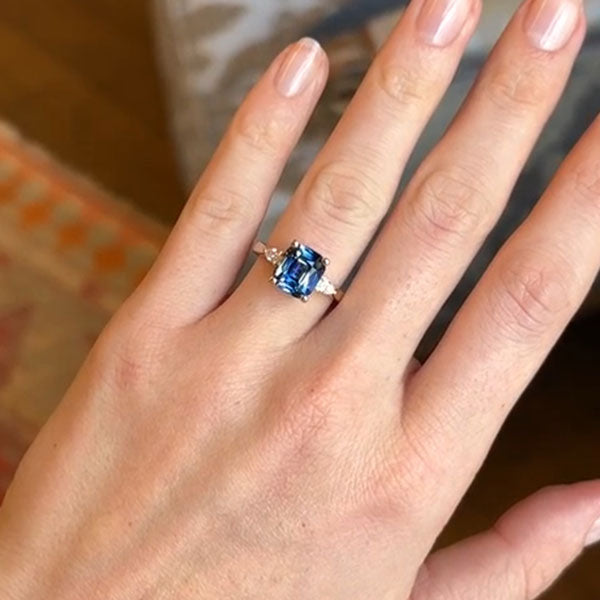 Luxury Jewelry Golden Three Stone Cushion Cut Blue & White Sapphire Engagement Rings