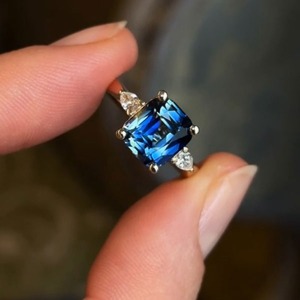 Luxury Jewelry Golden Three Stone Cushion Cut Blue & White Sapphire Engagement Rings