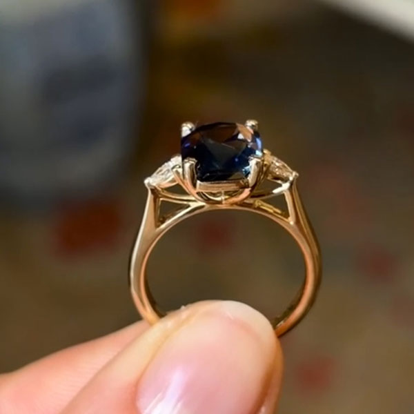 Luxury Jewelry Golden Three Stone Cushion Cut Blue & White Sapphire Engagement Rings