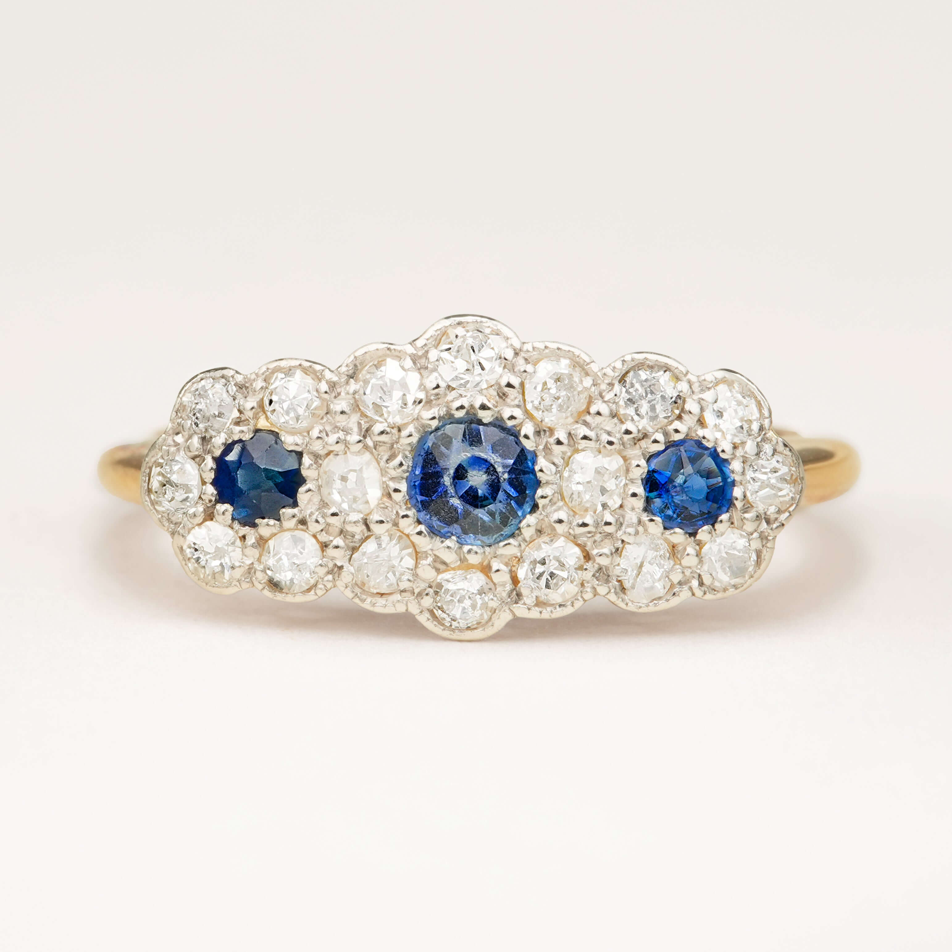 Luxury Jewelry Two Tone Halo Round Cut Blue & White Sapphire Half Eternity Wedding Band For Women