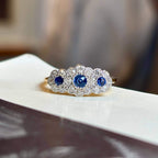 Luxury Jewelry Two Tone Halo Round Cut Blue & White Sapphire Half Eternity Wedding Band For Women