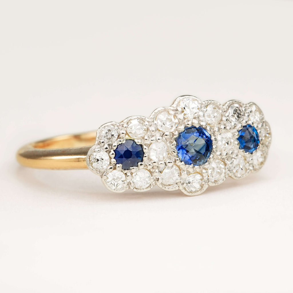 Luxury Jewelry Two Tone Halo Round Cut Blue & White Sapphire Half Eternity Wedding Band For Women
