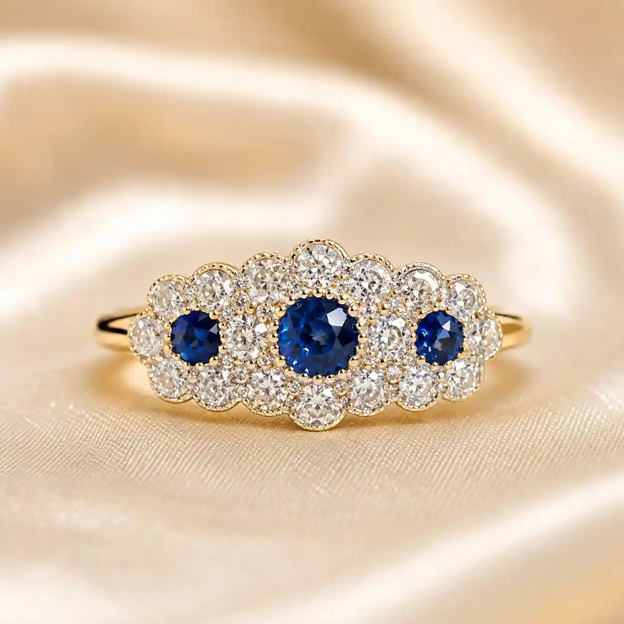 Luxury Jewelry Two Tone Halo Round Cut Blue & White Sapphire Half Eternity Wedding Band For Women