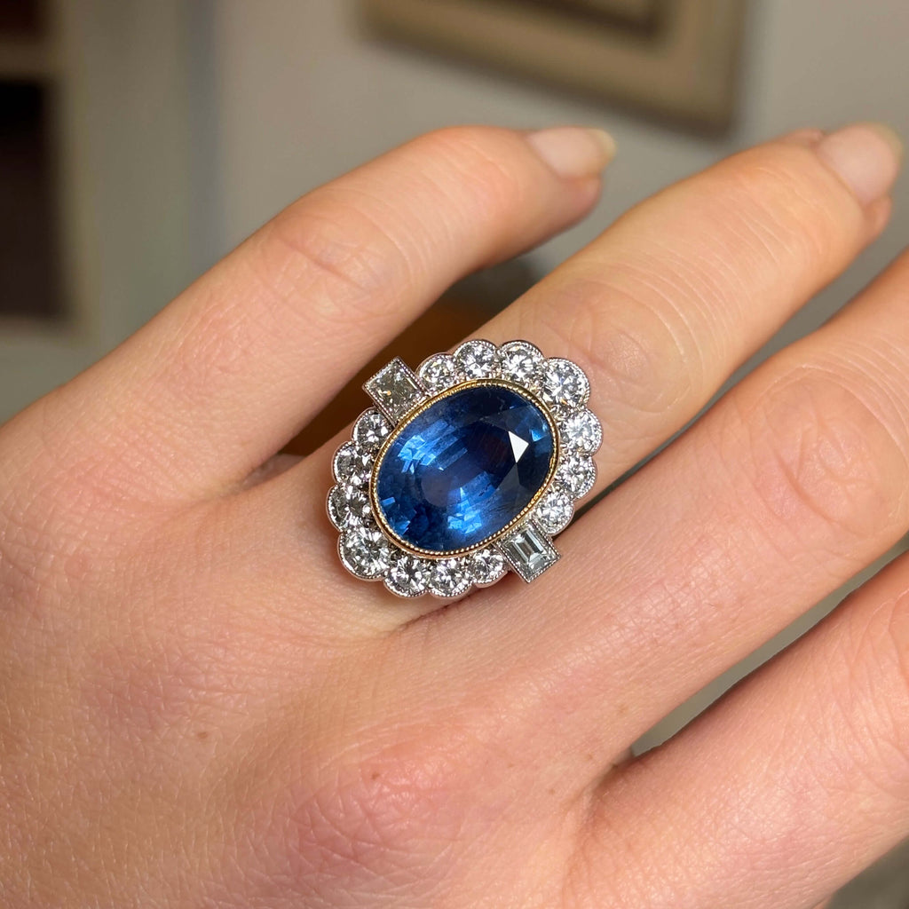 Luxury Jewelry Two Tone Halo Oval Cut Blue & White Sapphire Engagement Rings