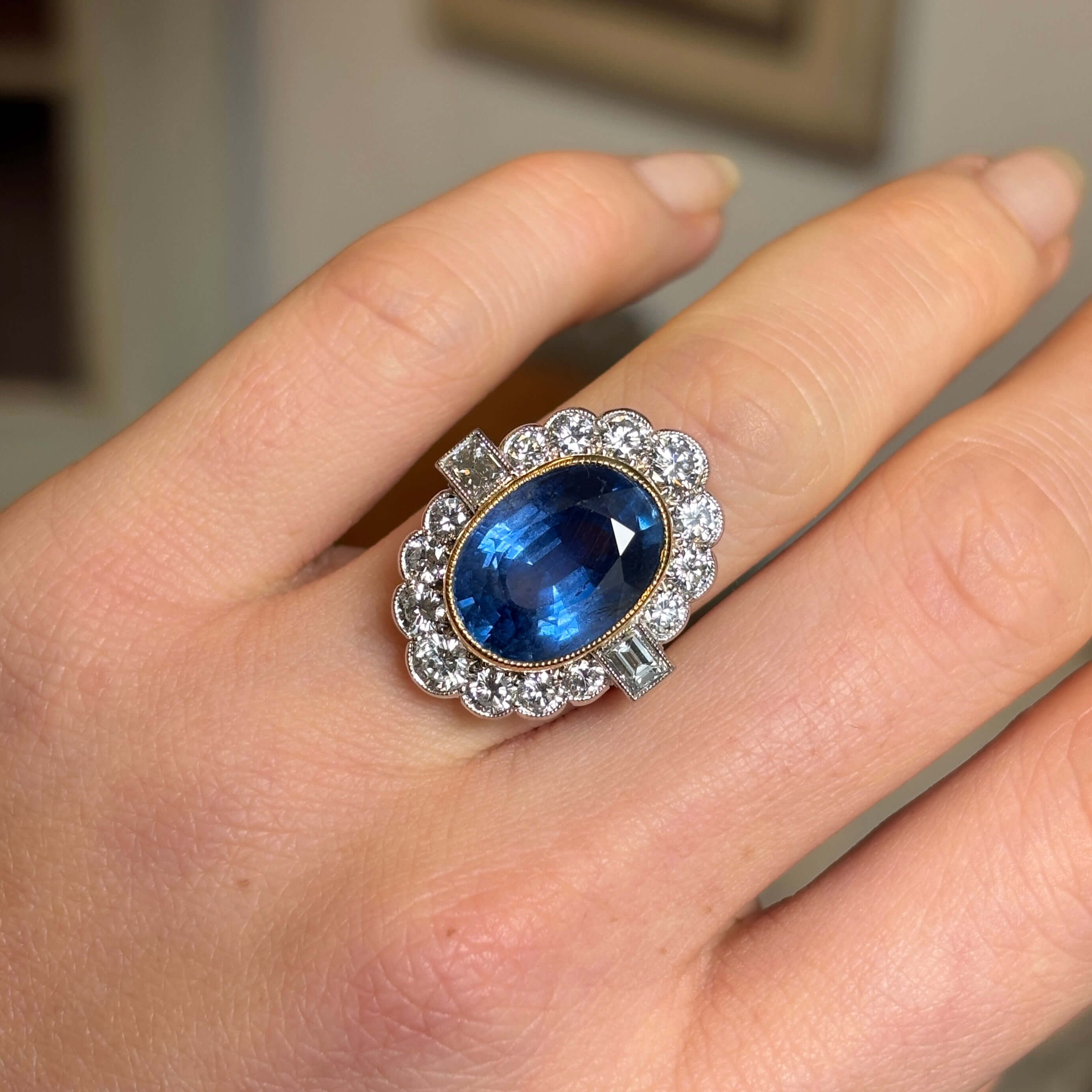 Luxury Jewelry Two Tone Halo Oval Cut Blue & White Sapphire Engagement Rings