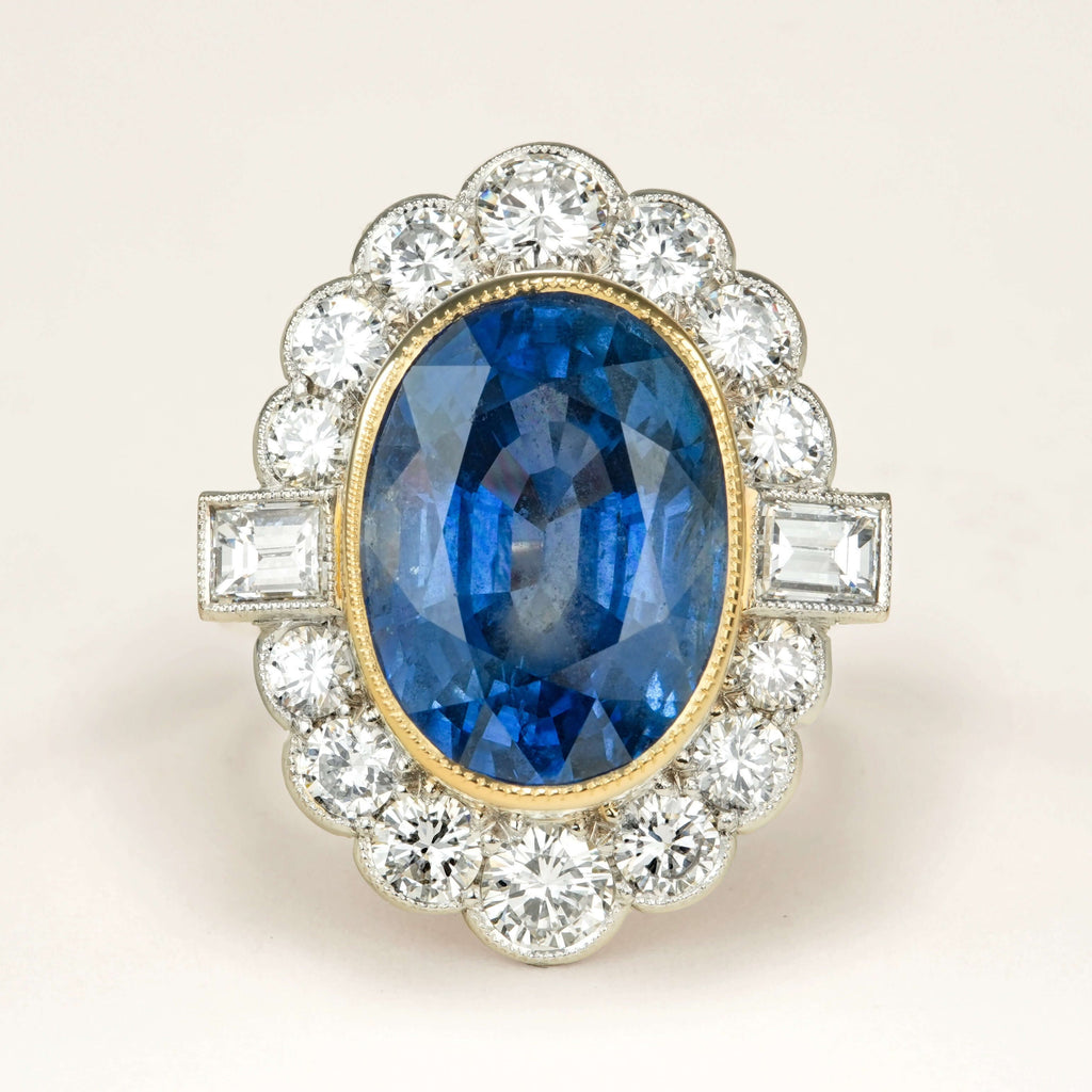 Luxury Jewelry Two Tone Halo Oval Cut Blue & White Sapphire Engagement Rings