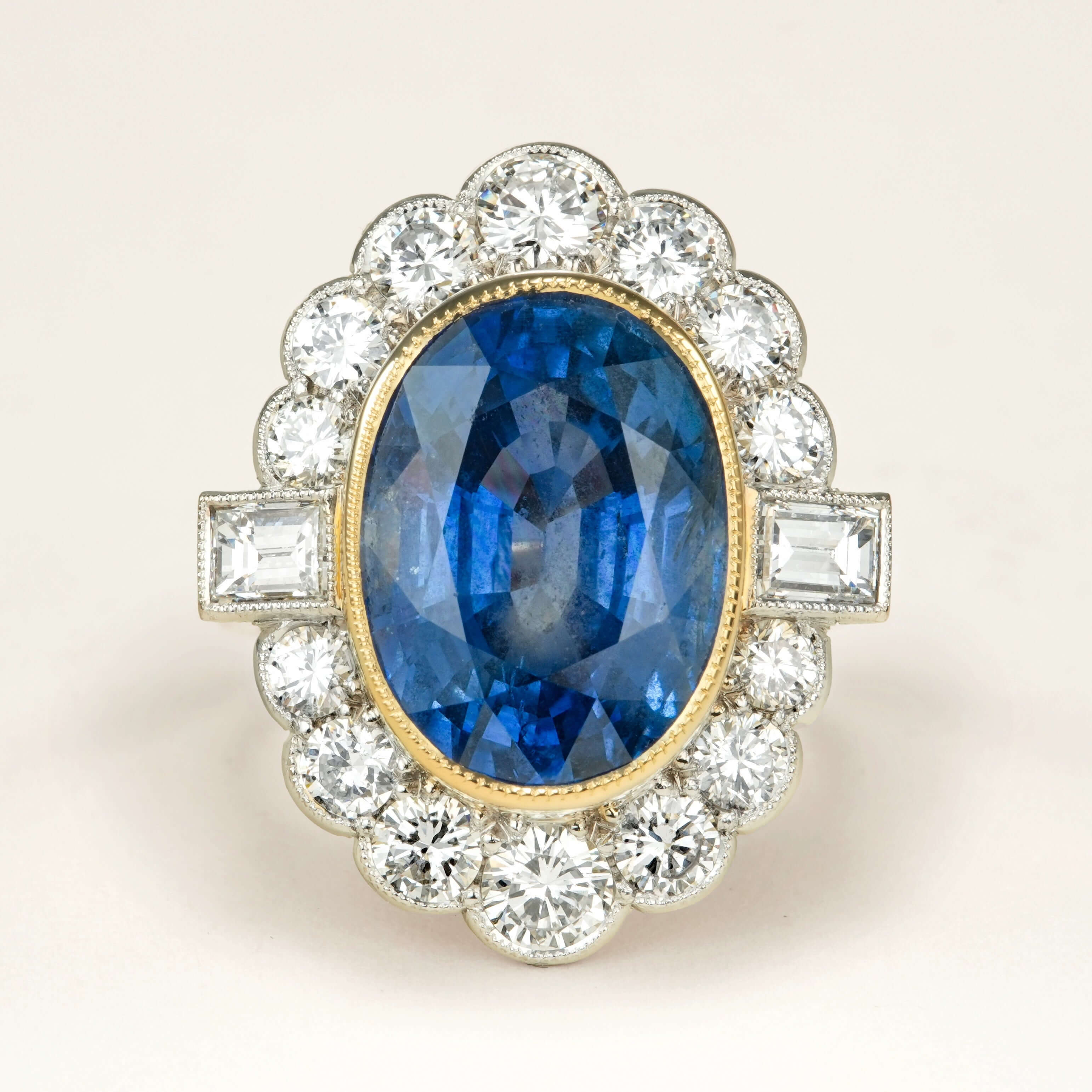 Luxury Jewelry Two Tone Halo Oval Cut Blue & White Sapphire Engagement Rings