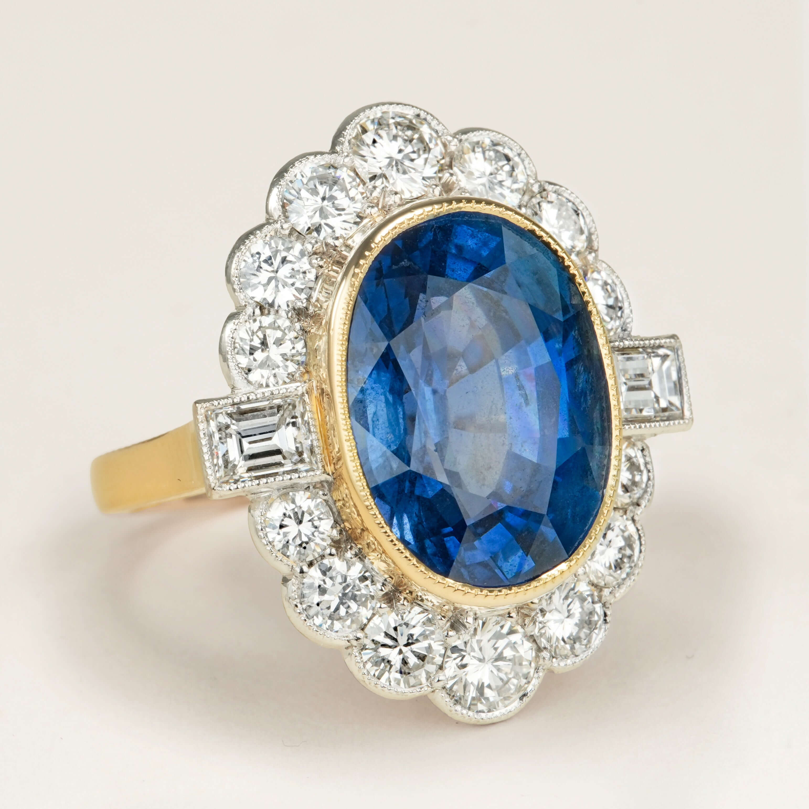 Luxury Jewelry Two Tone Halo Oval Cut Blue & White Sapphire Engagement Rings