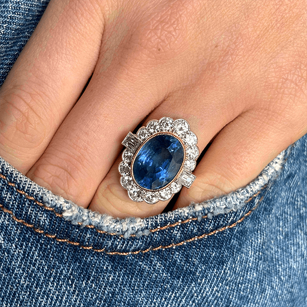 Luxury Jewelry Two Tone Halo Oval Cut Blue & White Sapphire Engagement Rings