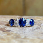 Luxury Jewelry Golden Oval & Round Cut Blue & White Sapphire Half Eternity Wedding Band For Women