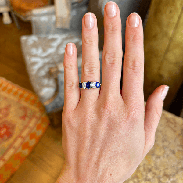 Luxury Jewelry Golden Oval & Round Cut Blue & White Sapphire Half Eternity Wedding Band For Women