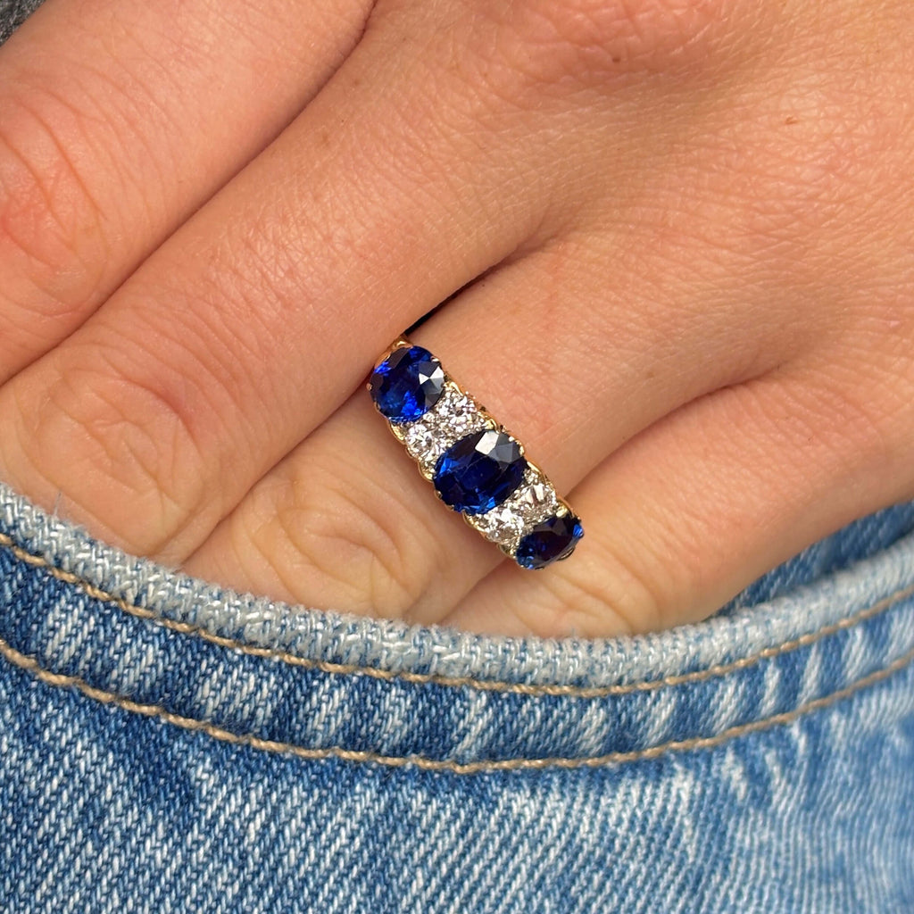 Luxury Jewelry Golden Oval & Round Cut Blue & White Sapphire Half Eternity Wedding Band For Women