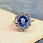 Luxury Jewelry Golden Vintage Design Halo Oval Cut Blue Sapphire Engagement Rings