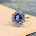 Luxury Jewelry Golden Vintage Design Halo Oval Cut Blue Sapphire Engagement Rings