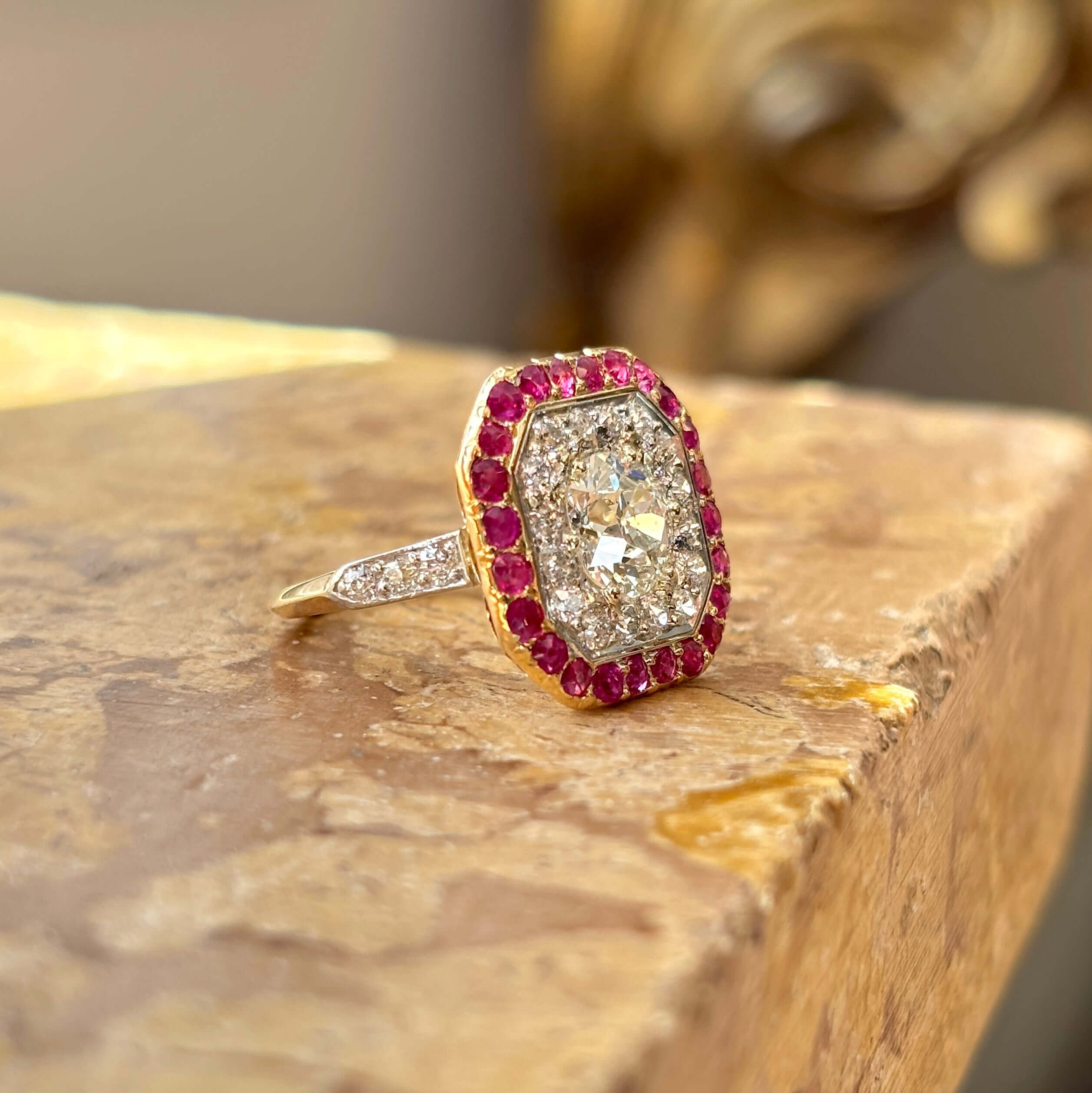 Luxury Jewelry Golden Vintage Double Halo Round Cut White & Pink Sapphire Engagement Rings