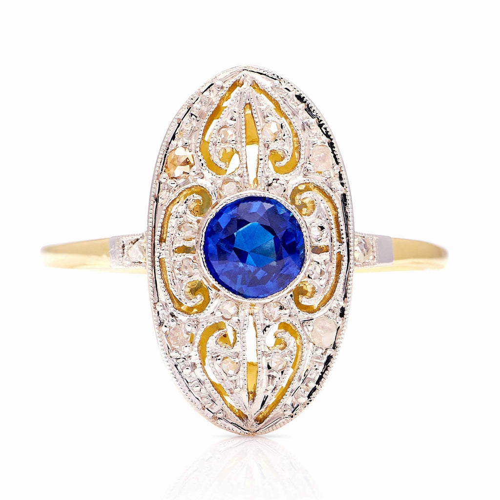 Luxury Jewelry Vintage Two Tone Halo Round Cut Blue & White Sapphire Engagement Rings