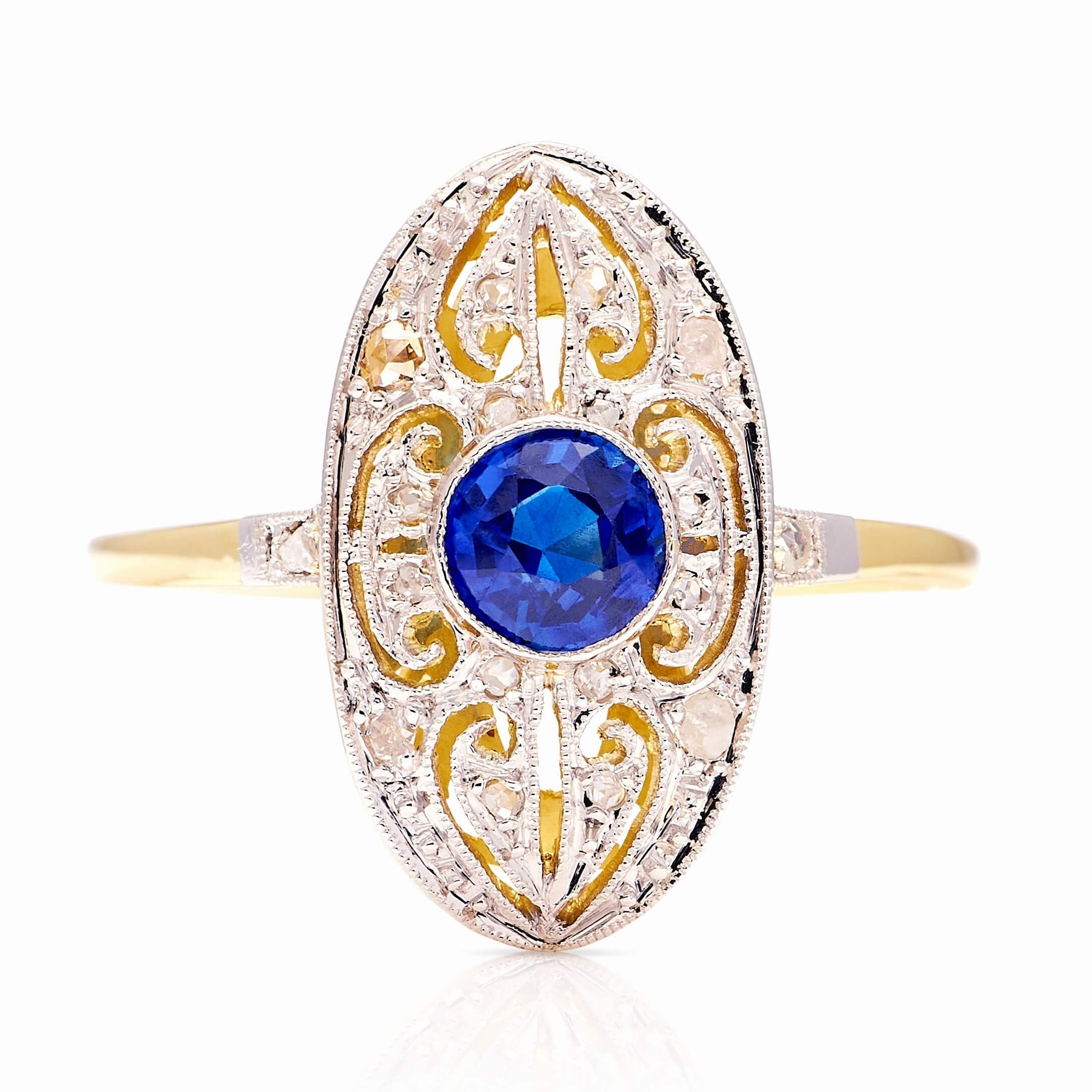 Luxury Jewelry Vintage Two Tone Halo Round Cut Blue & White Sapphire Engagement Rings