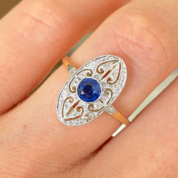 Luxury Jewelry Vintage Two Tone Halo Round Cut Blue & White Sapphire Engagement Rings