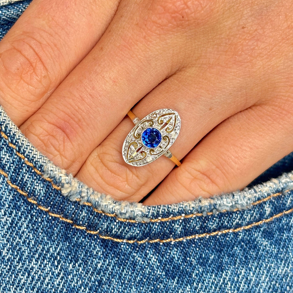 Luxury Jewelry Vintage Two Tone Halo Round Cut Blue & White Sapphire Engagement Rings