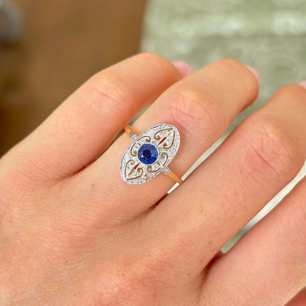 Luxury Jewelry Vintage Two Tone Halo Round Cut Blue & White Sapphire Engagement Rings