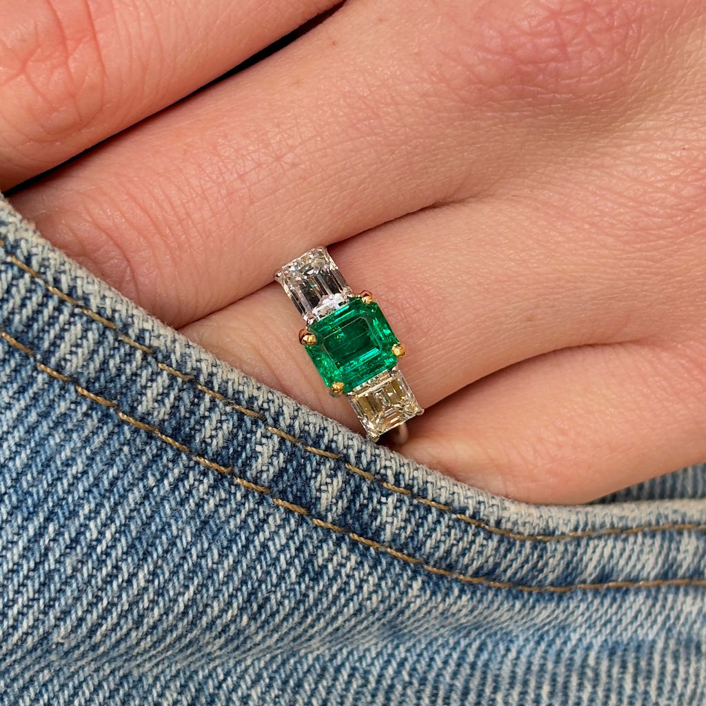 Luxury Jewelry Two Tone Three Stone Emerald Cut Emerald & White Sapphire Engagement Rings
