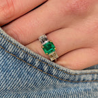 Luxury Jewelry Two Tone Three Stone Emerald Cut Emerald & White Sapphire Engagement Rings