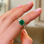 Luxury Jewelry Two Tone Three Stone Emerald Cut Emerald & White Sapphire Engagement Rings