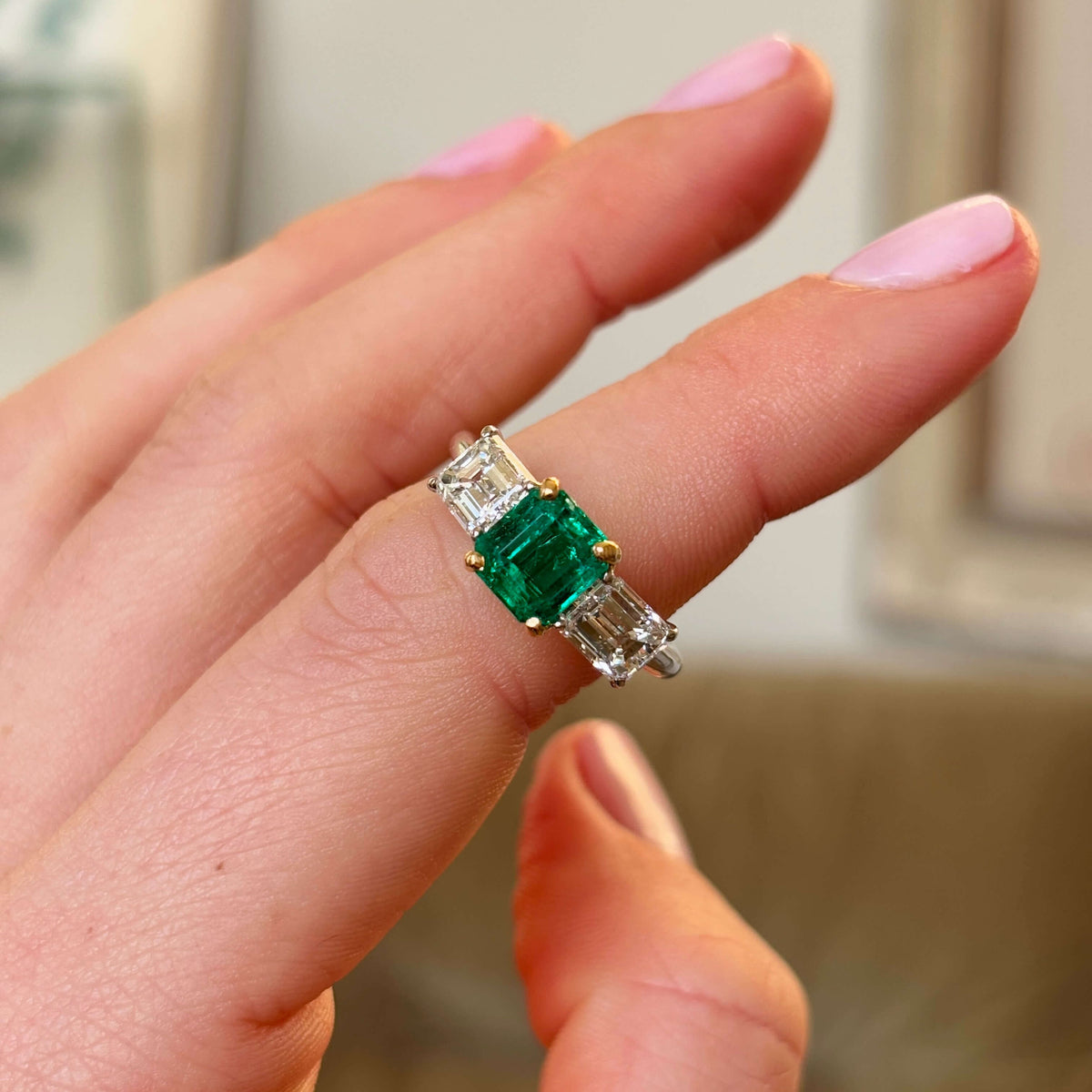 Luxury Jewelry Two Tone Three Stone Emerald Cut Emerald & White Sapphire Engagement Rings